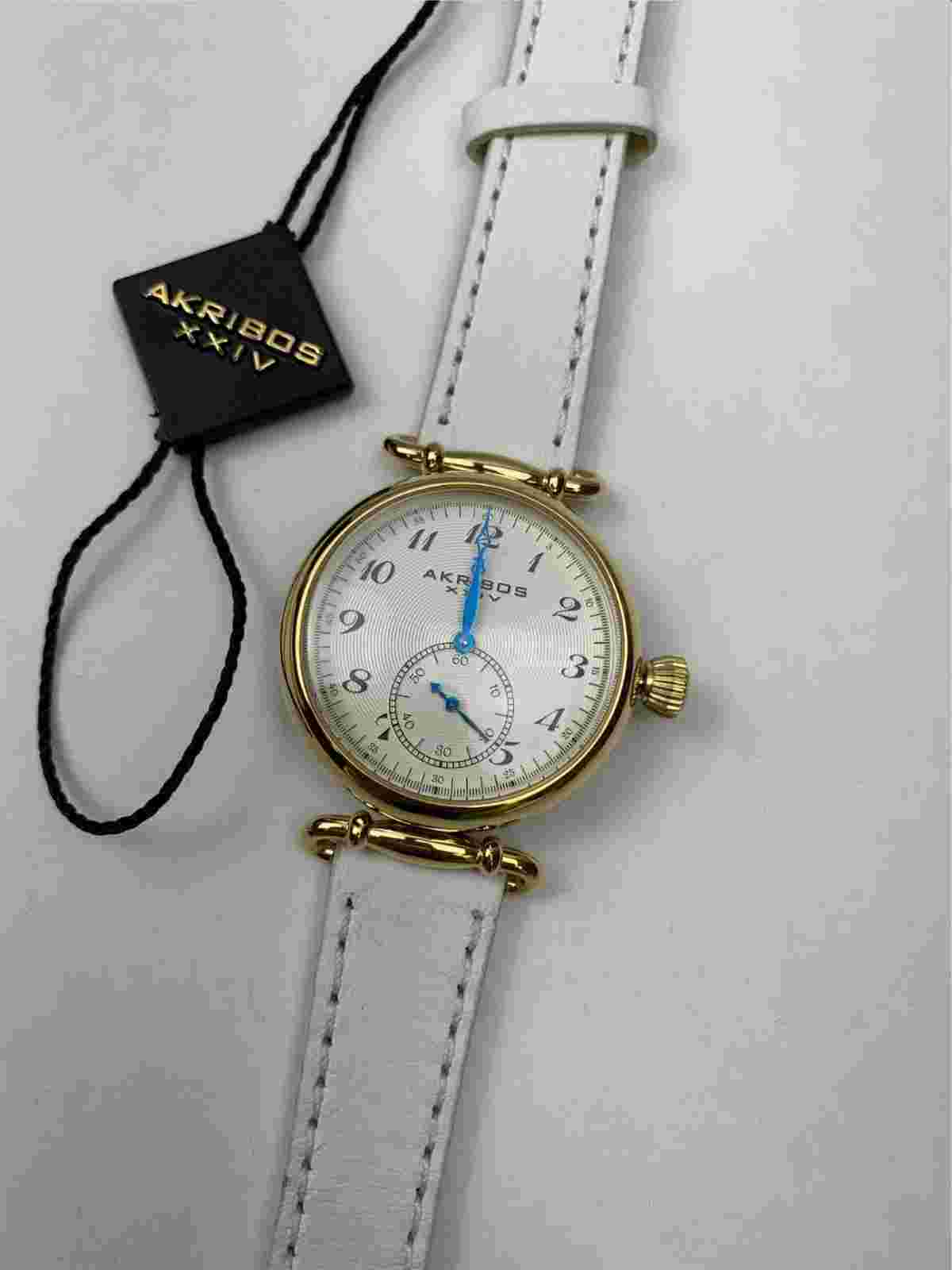 Akribos XXIV Watch White Leather Strap Clear Arabic Numerals Women's AK704