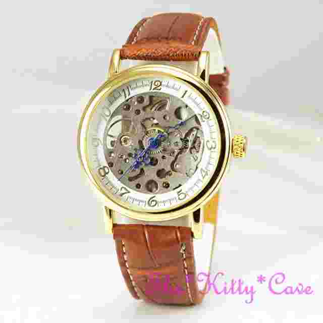 Mechanical Hollow Skeleton Steampunk Gold Plated Unisex Tan Leather Windup Watch