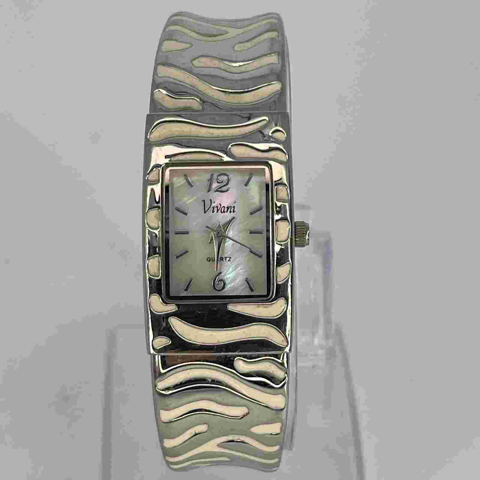 Vivani Women's Watch Cuff Style Silver & White Zebra Design MOP Dial NEW BATTERY