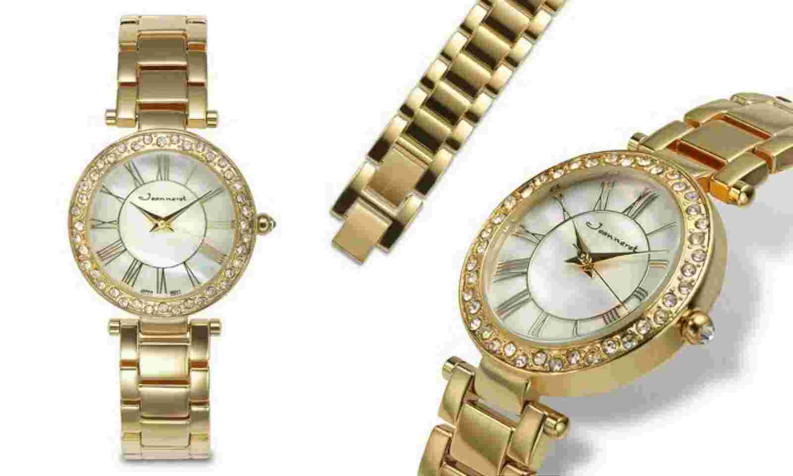 NEW Jeanneret 1433 Womens Gloria Crystal Bezel Roman Numeral True MOP Gold Watch