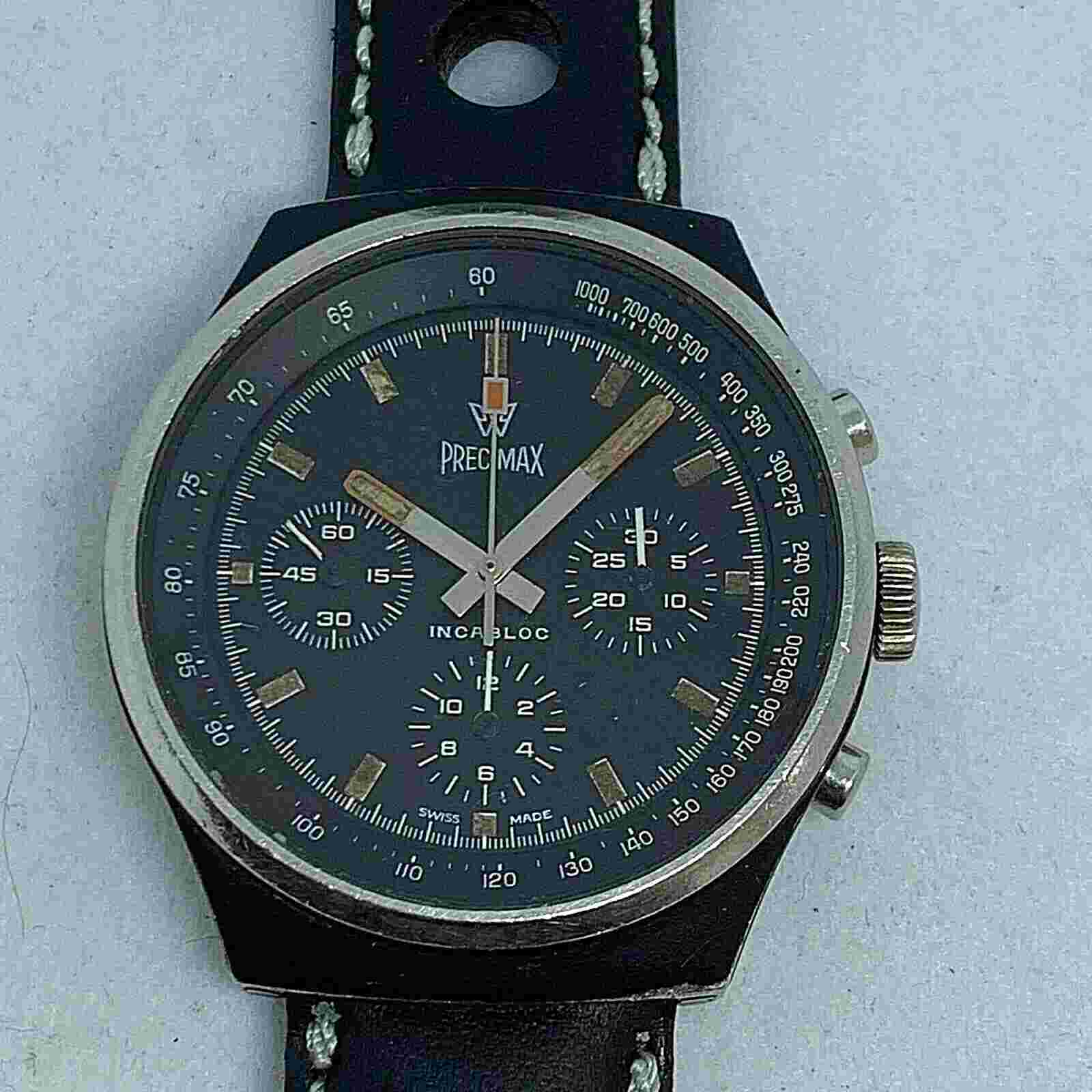RARE VINTAGE PRECIMAX PVD BLACK  MANUAL WIND CHRONOGRAPH  VALJOUX 7736
