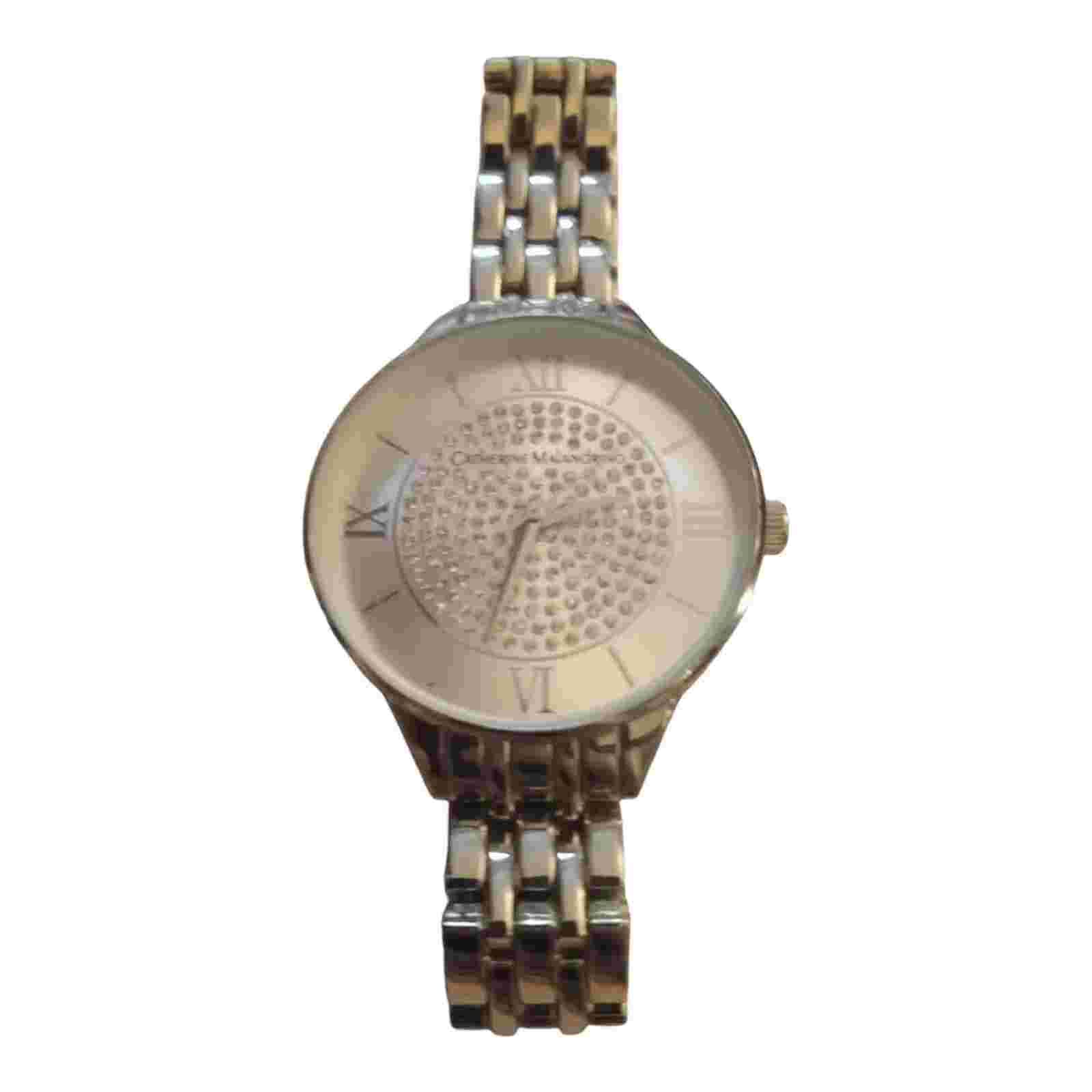 Catherine Maladrino Silver Tone Dial Crystal Accent Round Tone Watch