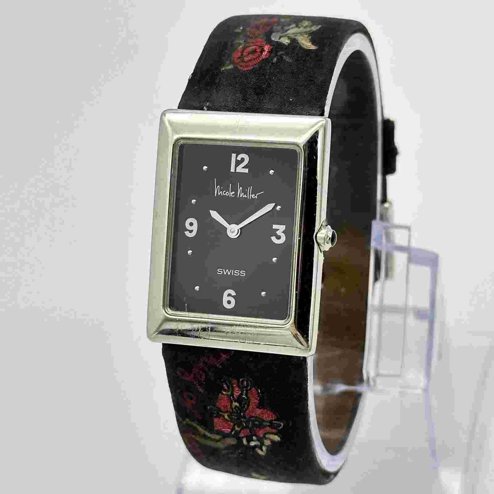 Ladies NICOLE MILLER Time Flies Silver Tone Swiss Watch, Black Floral Band Runs