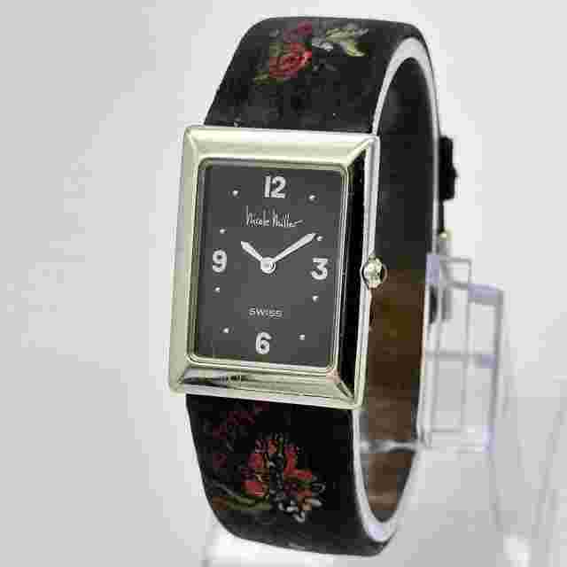 Ladies NICOLE MILLER Time Flies Silver Tone Swiss Watch, Black Floral Band Runs