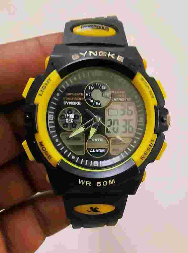 Synoke Digital/Analog Quartz Black Dial Yellow Resin Strap Men's Wristwatch