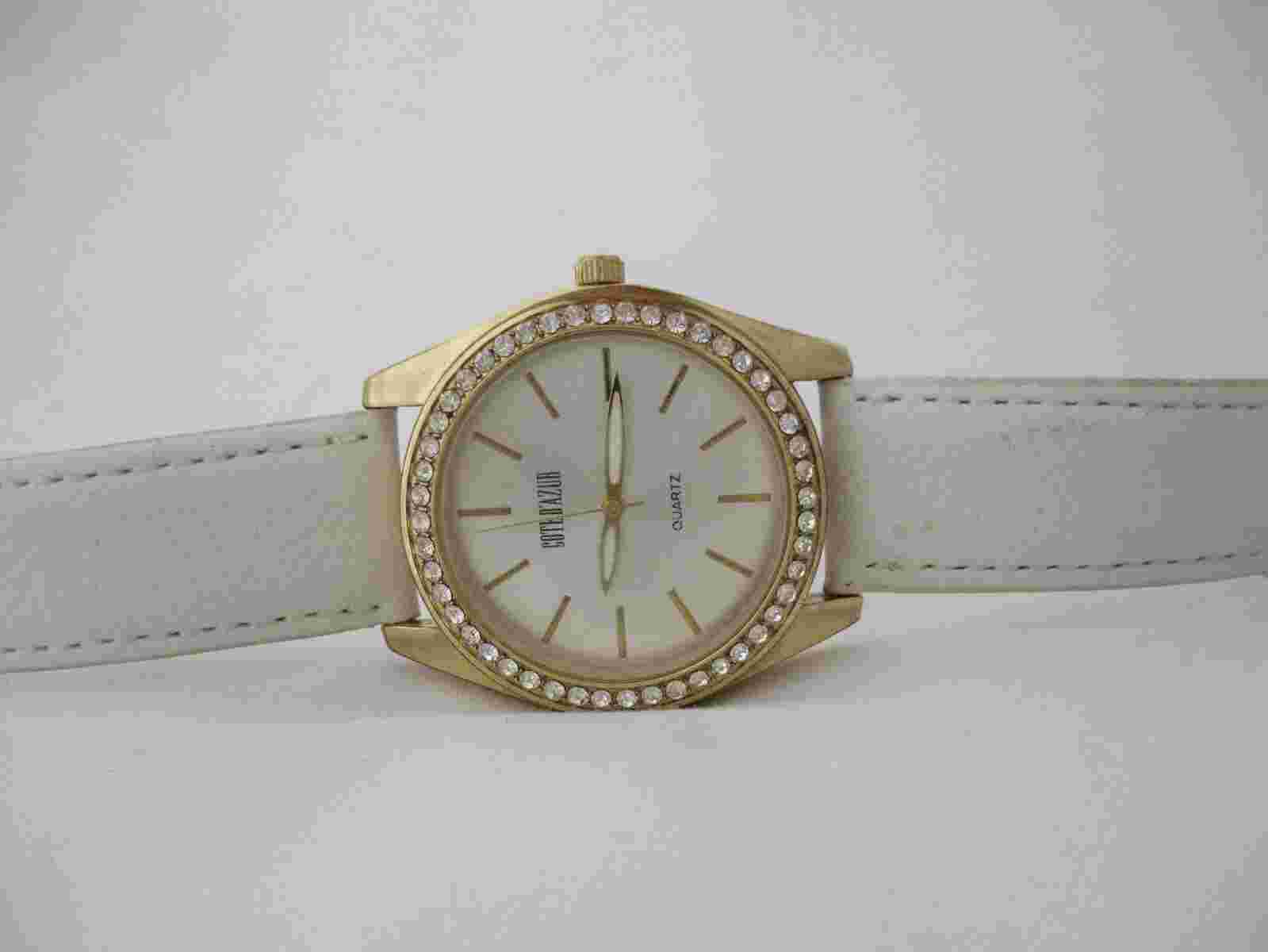 Cote D'Azur Women's White Buckle Band Analog Watch Rhinestones