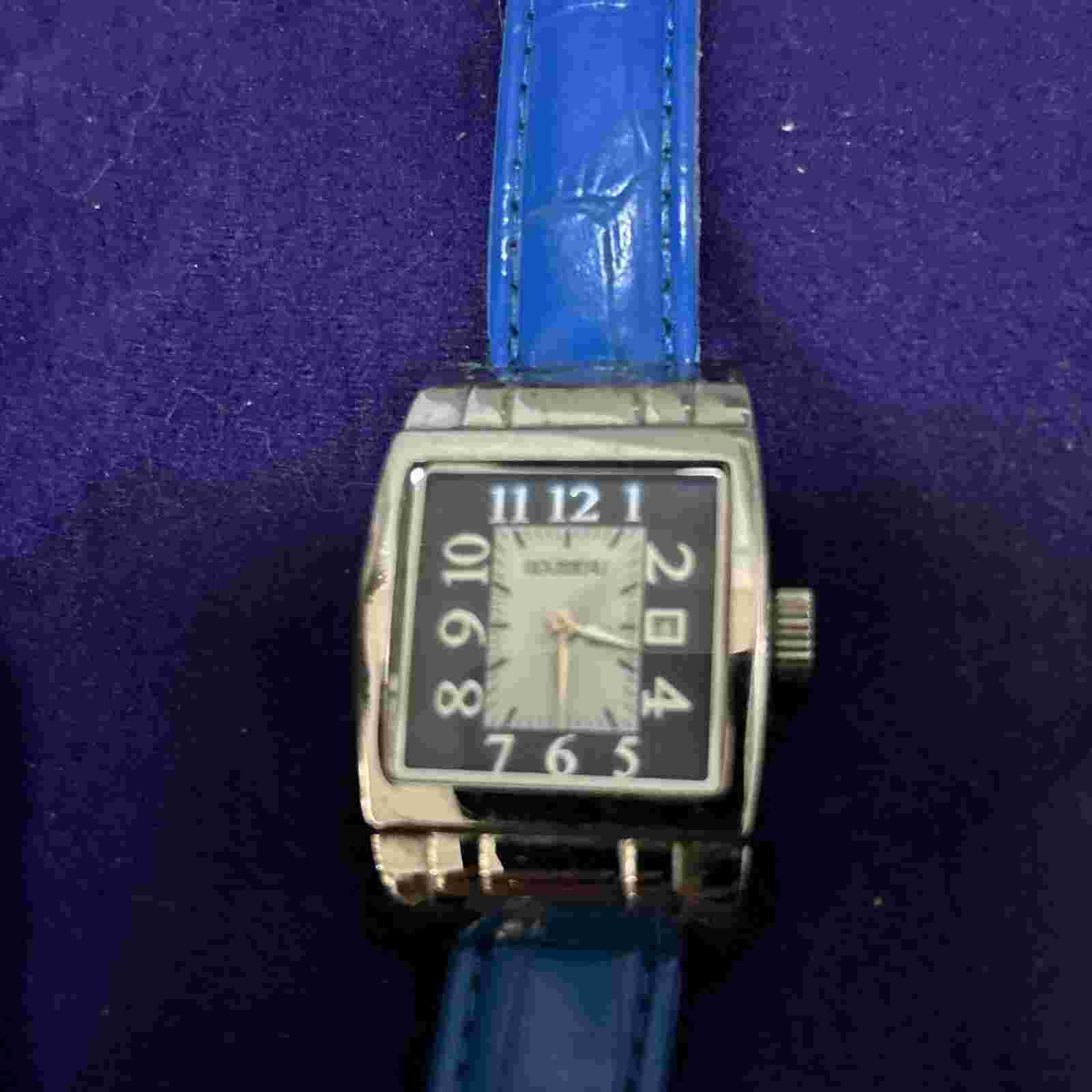 Rousseau Watch Women Silver Tone Date Window Blue Leather Band New Battery 9"