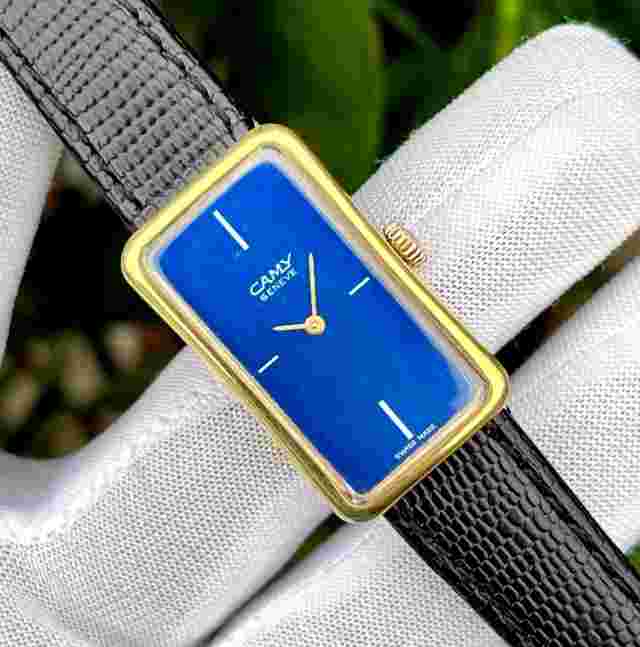 Rare!!! Vintage Camy Geneve Blue Rectangle Manual Swiss Unisex Quartz Watch 1157