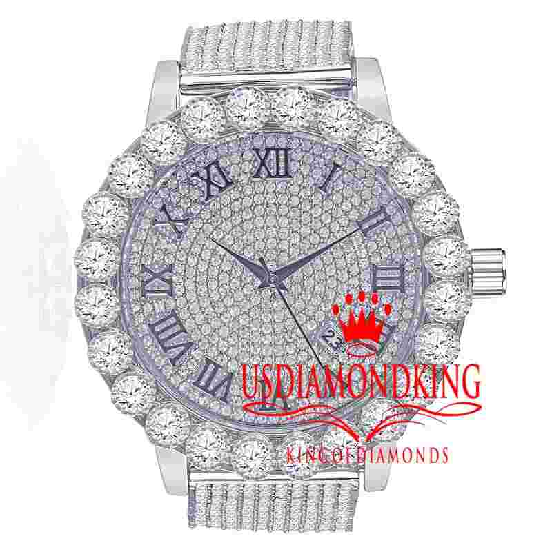 Roman Face Mens Solitaire Steel White Gold Tone Custom Band Lab Diamond Watch
