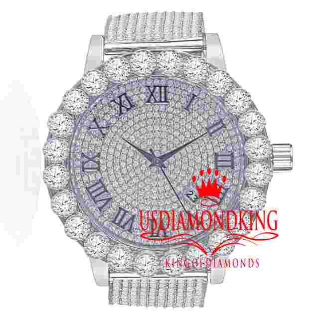 Roman Face Mens Solitaire Steel White Gold Tone Custom Band Lab Diamond Watch
