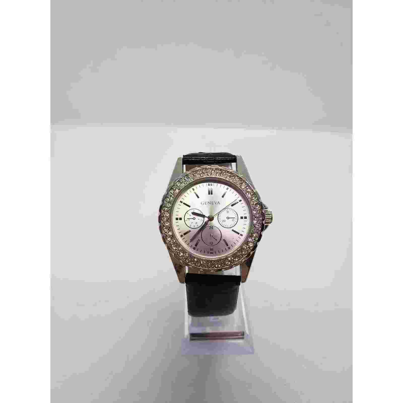 Geneva Men's watch. Multi function watch with jeweled bevel edge.