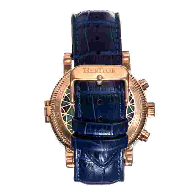 Heritor Automatic Legacy Leather-Band Watch w/Day/Date - Rose Gold/Blue