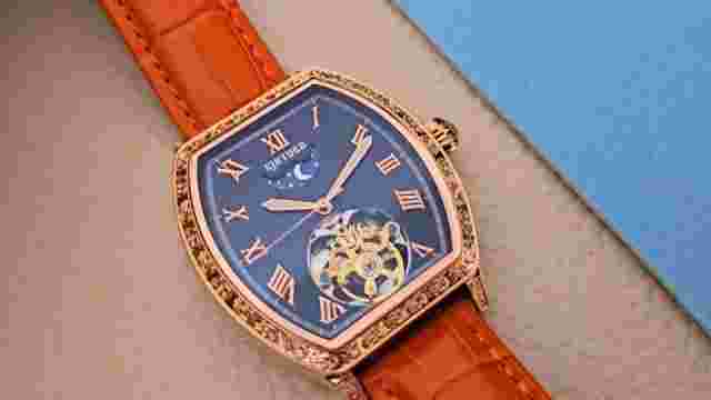 Automatic Retro Tonneau Skeleton Mechanical Watch Rose Gold Orange Leather