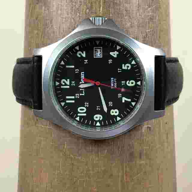 Rare Men LL BEAN Swiss Field Military Date Leather 38mm Quartz Watch 7 3/4"