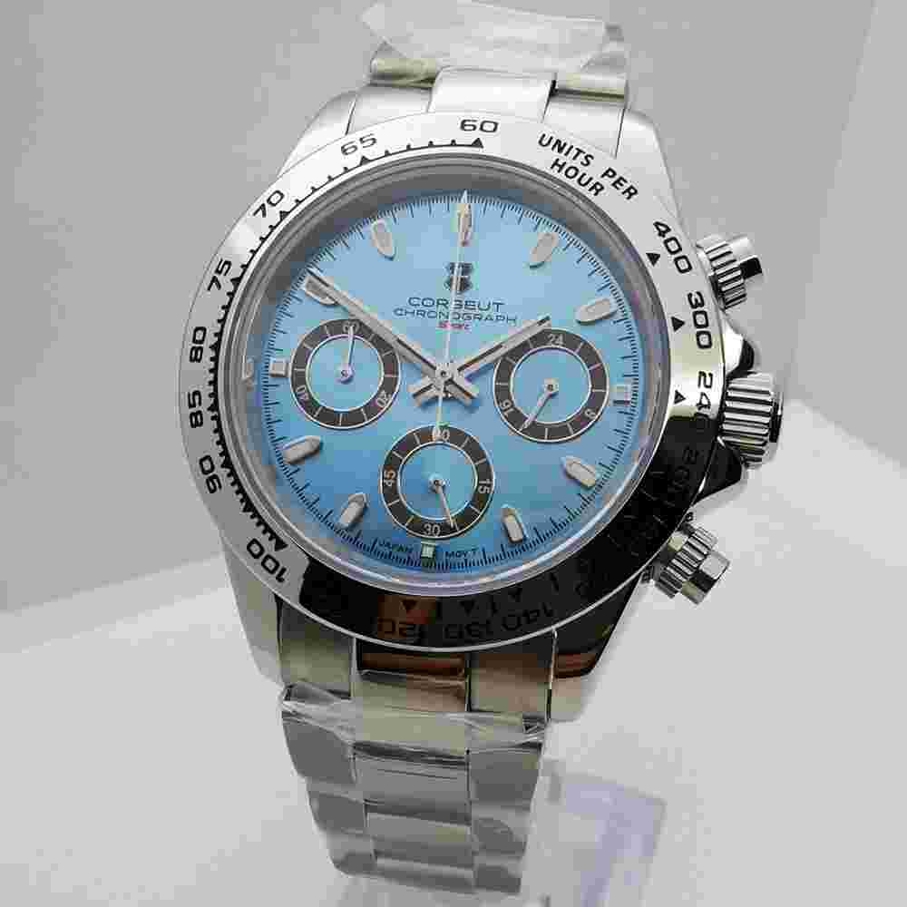 40mm Corgeut polished case chronograph sapphire glass VK63 quartz mens watch