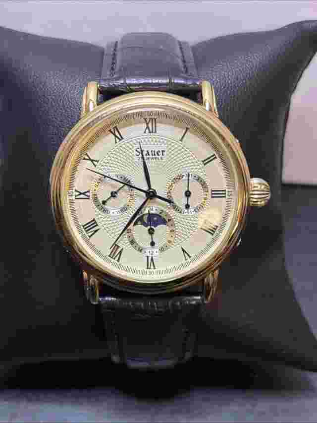 Men's Auto Drive Watch STAUER 27 Jewels 20193 Black Gold Blue