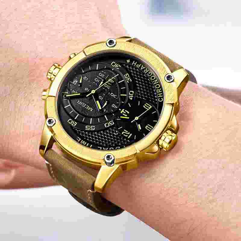 MEGIR Chronograph Sports Leather Quartz Watch Men Dual Time Zone Wristwatches