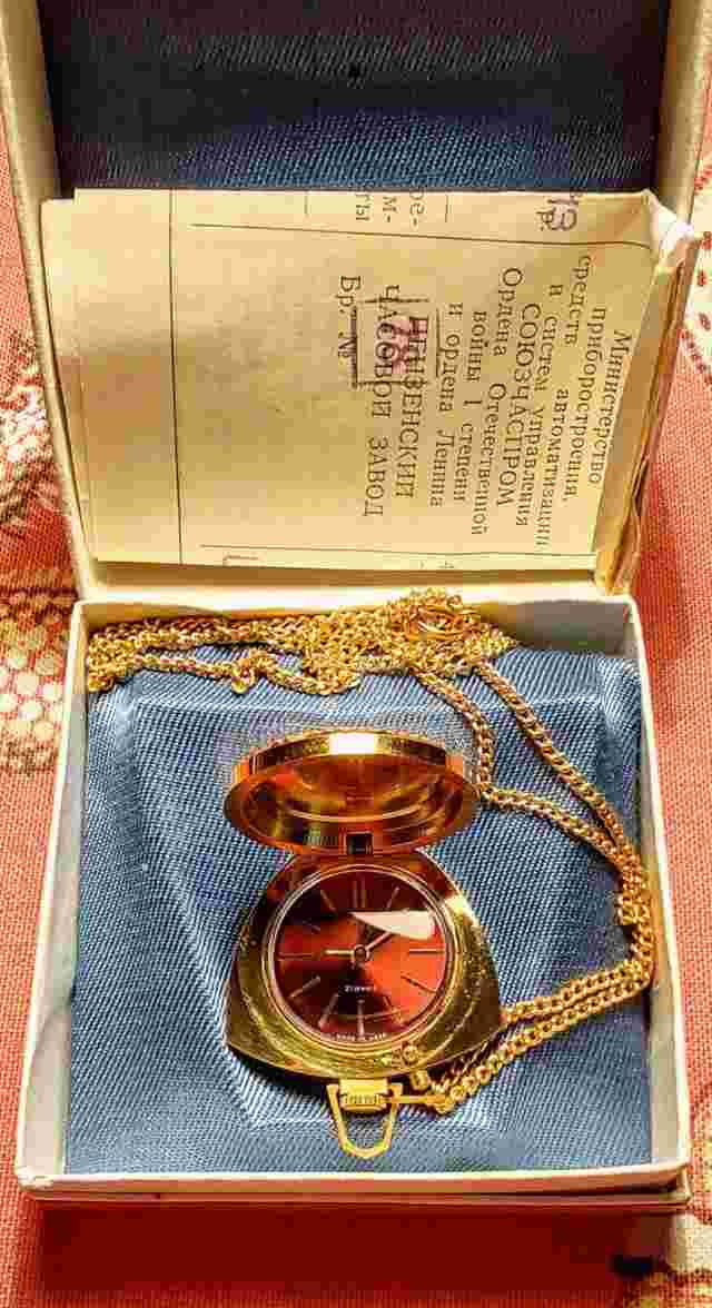 New women's watch-pendant Zarya, 1973, with documents in original box.USSR