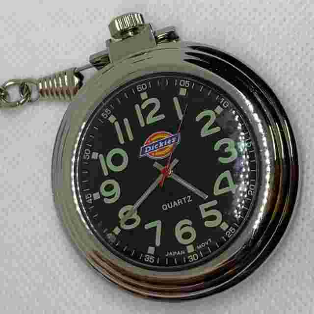 Vtg Dickies open face pocket watch silver black dial  tone with chain running