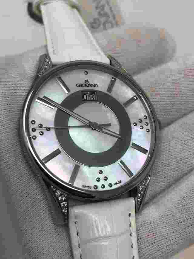 Grovana Cubic Zirconia 42mm MOP Dial White Leather Women's Watch 4411.7533