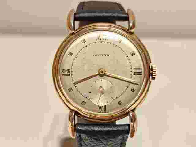 VINTAGE RARE WW2 ERA LUXURY GOLD PLATED SWISS MEN'S 32mm WATCH "ORFINA"15 J.