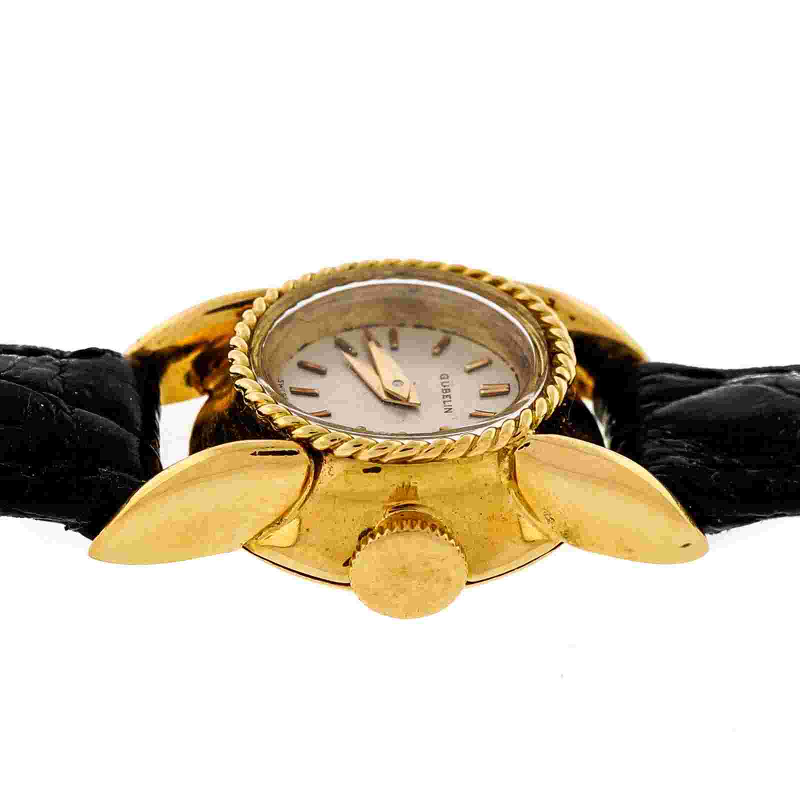 Ladies 1950 18k Gold Gubelin Mid Century Alligator Strap Wrist Watch