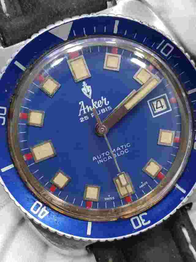 Rare Vintage Anker Diver 25 Rubis Blue Dial