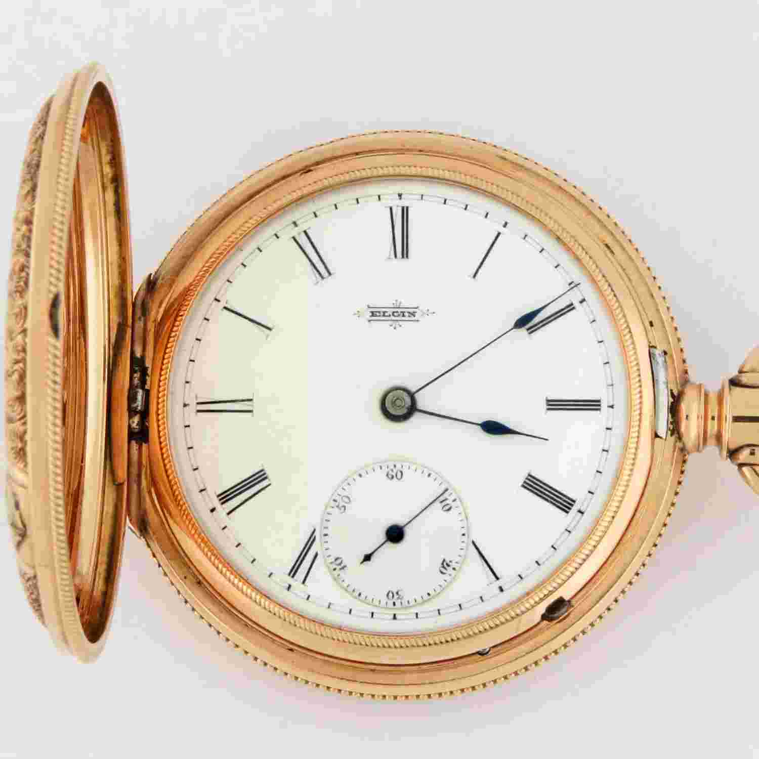 Elgin 14K Multi Color Solid Gold HC Butterfly Motif Diamond 6S 41mm Pocket Watch
