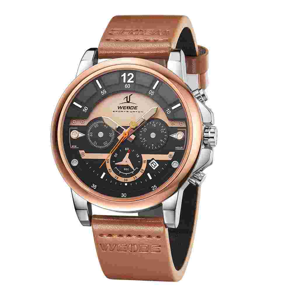 Luxury Brand Men Rose Gold Watch Soft Leather Strap Quartz, WEIDE (UV2002)