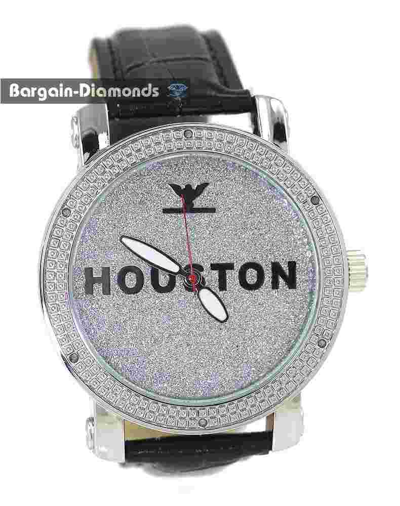 Mens Houston Natural Diamond Silver tone Clubbing Watch Bling Dial 8.5" Leather