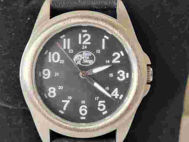 Bass Pro Shops Watch Black Dial Round Silver Tone Case Working New Battery