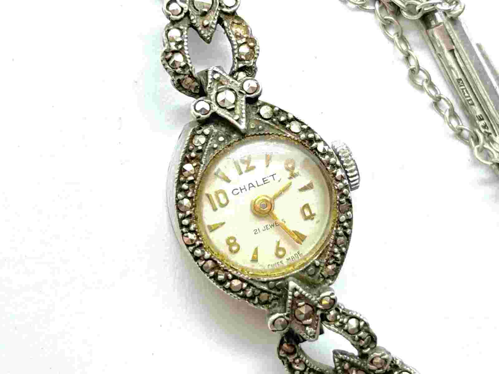 Vintage 1965 Sterling Silver Chalet Marcasite Ladies Manual Watch - Working