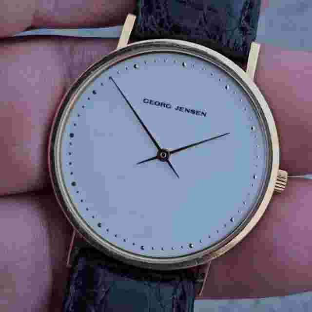 Georg Jensen 18k Gold Watch 1321 Slim  Henning Koppel Leather White Dial Mens