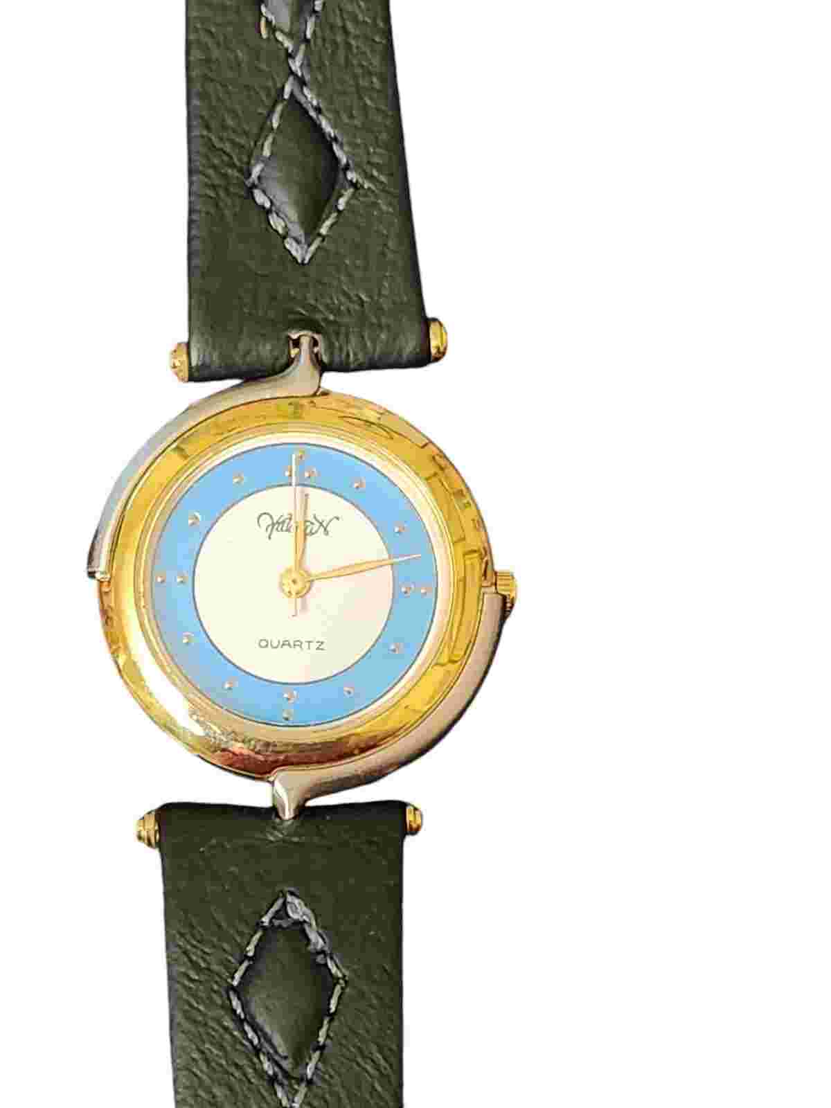 Vantage NOS Watch Leather Band Gold Silver Turquoise Needs Battery