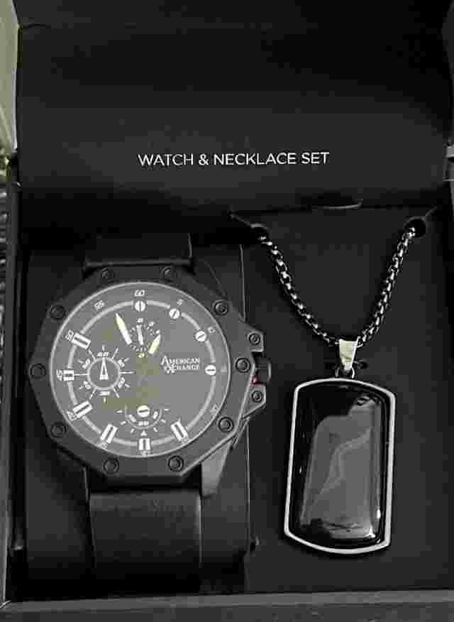 American Exchange Men's Analog Matte Black Leather Strap Watch 48mm Gift Set