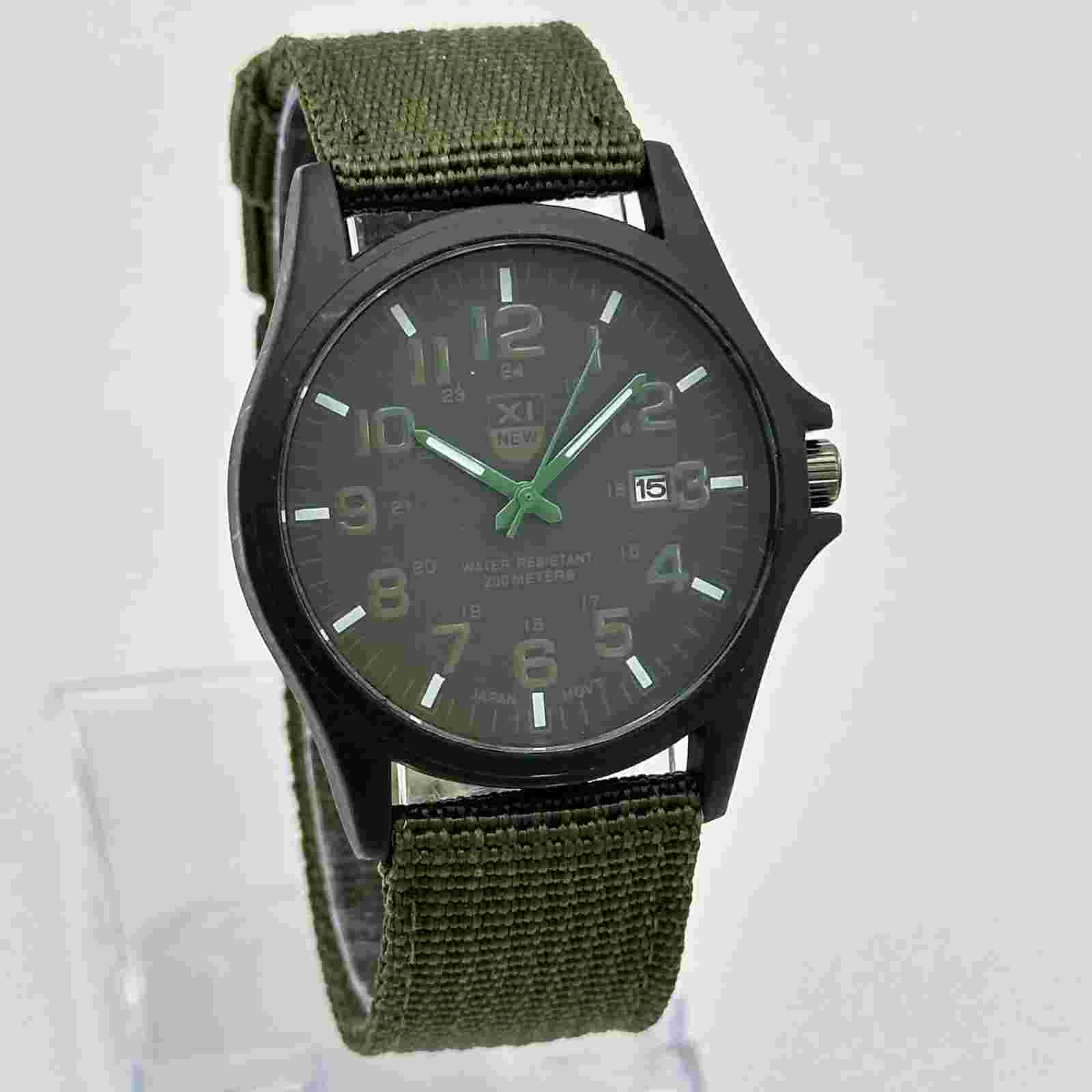 Unworn Men's XI NEW Military Style Black Case 41mm Watch, Green Nylon Band, Date