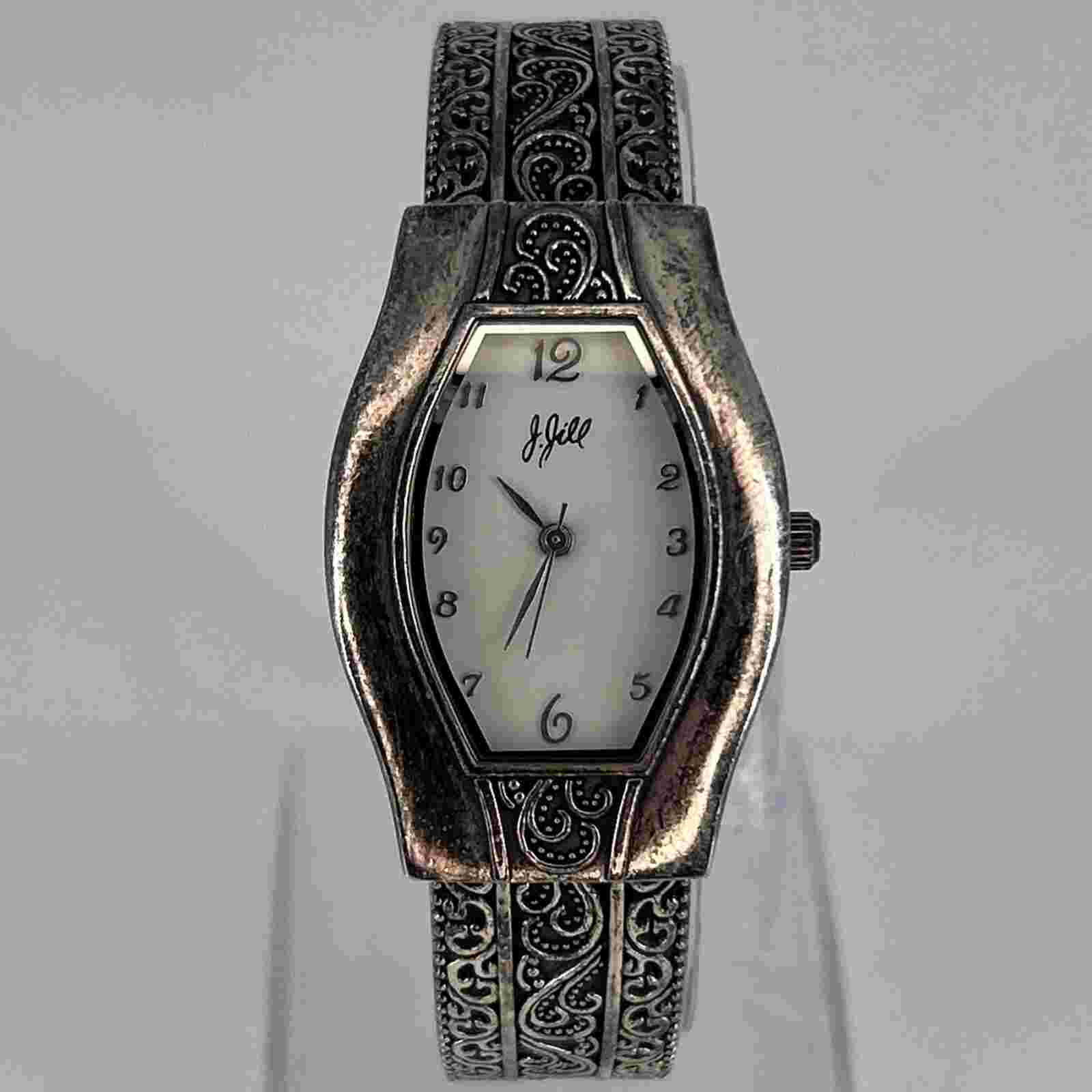 J. Jill Cuff Bracelet Women Watch Silver Tone Band Intricate Design NEW BATTERY