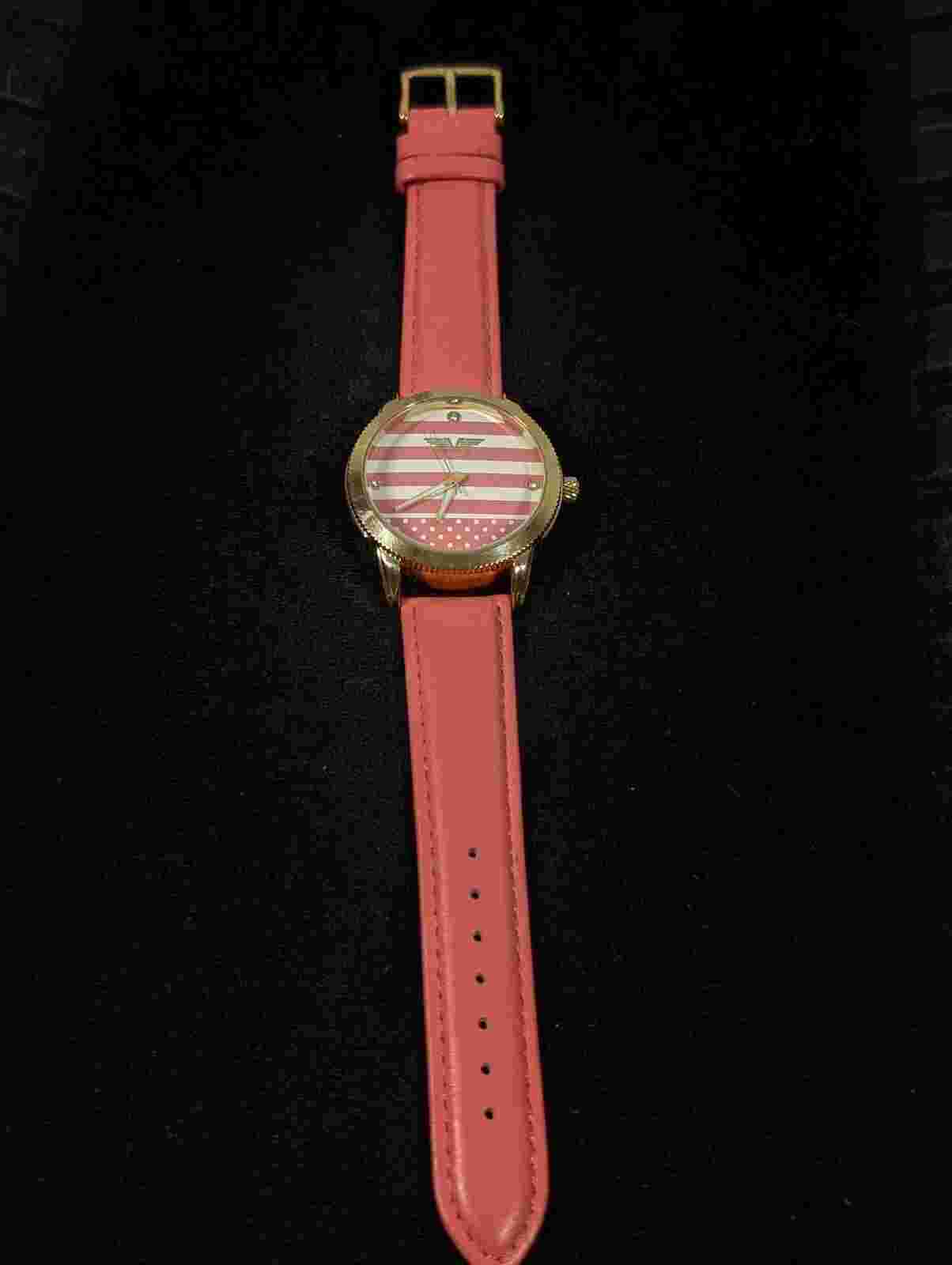 Deporte Womens Coral Pink Leather  Stripe Gold Tone Round Case Watch 40mm