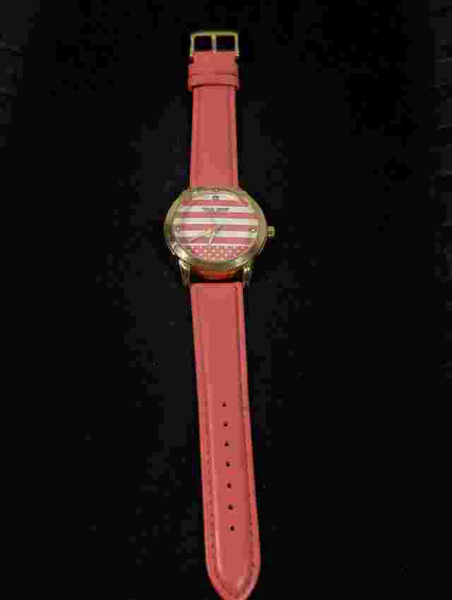 Deporte Womens Coral Pink Leather  Stripe Gold Tone Round Case Watch 40mm