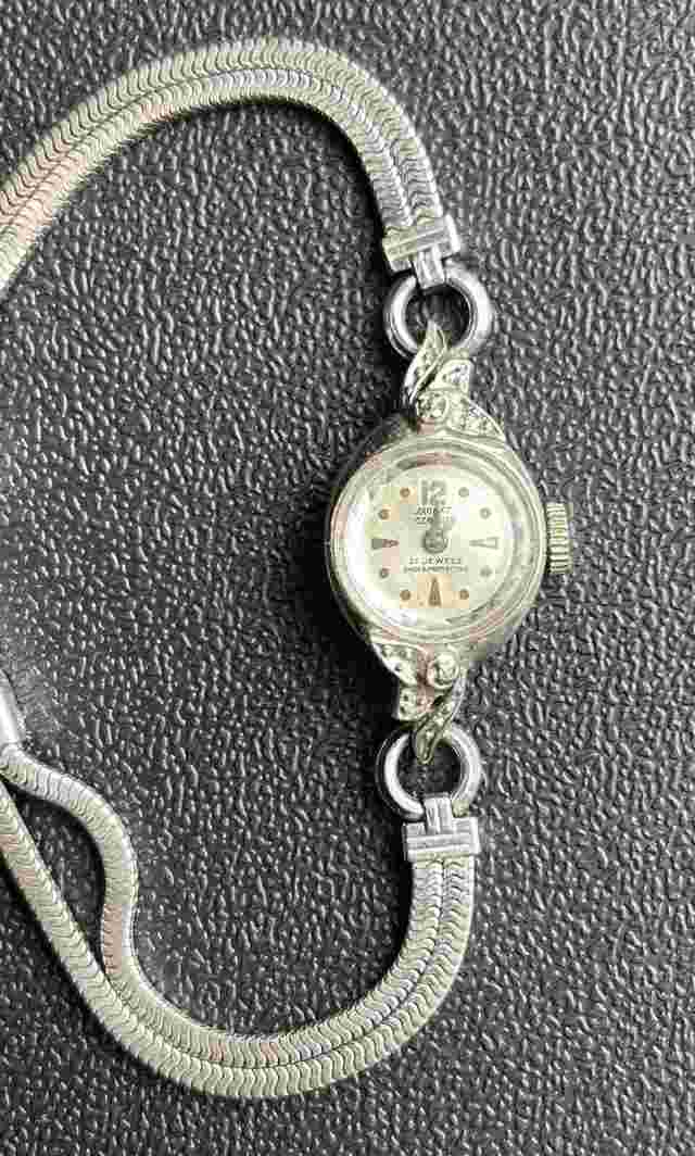 VINTAGE LADIES WOMANS 21 JEWEL JAQUET GIRARD WATCH 10k RGP WHITE GOLD WORKS    f
