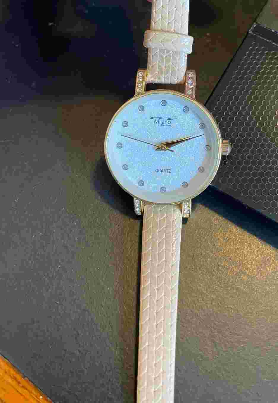 Women's Milano Expressions Watch, Gold Tone with Sparkle Face, Tan Band