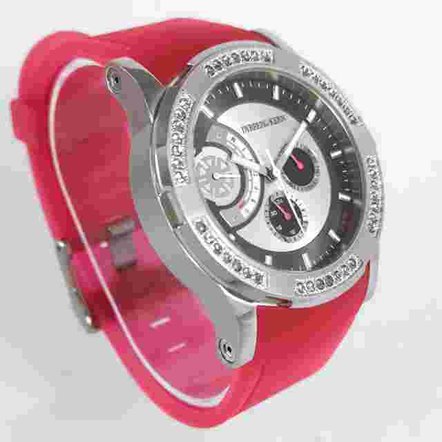 Dyrberg/Kern Silver Pink Rubber Strap Diamonds Quartz Women's Wrist Watch