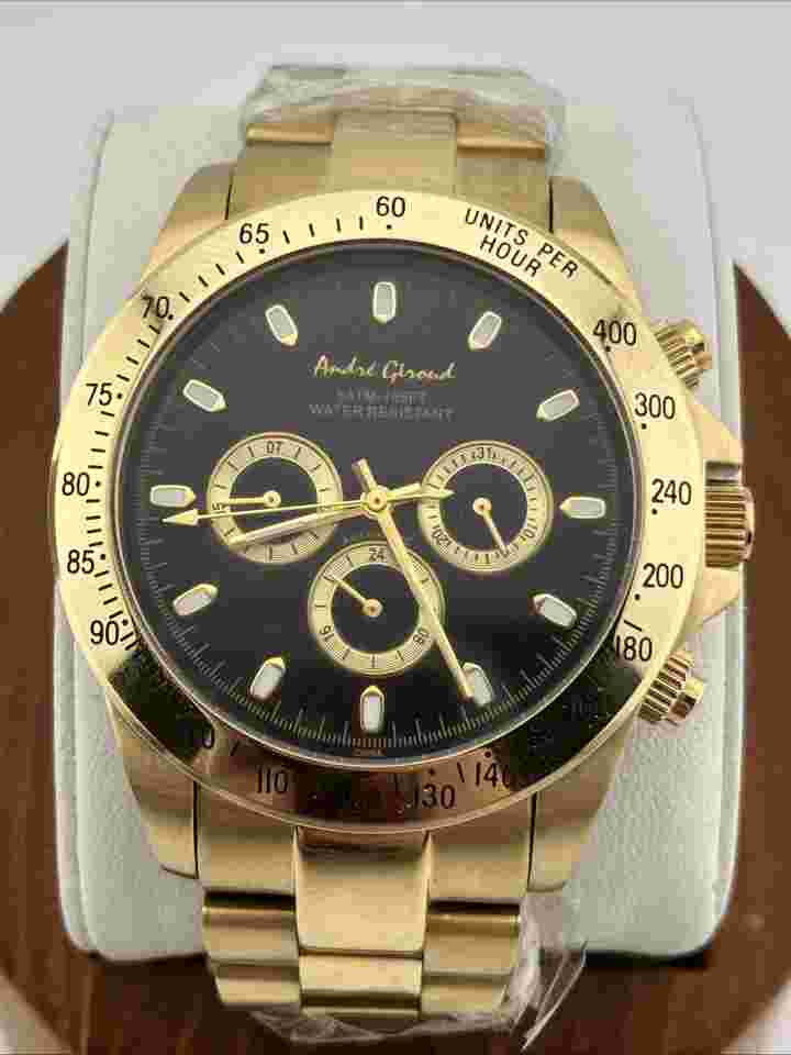 Andre Giroud Men 46mm Automatic Watch Gold Tone Black Dial Day/Date/24H 7.5"-RUN
