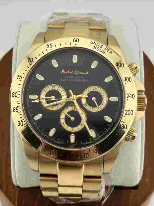 Andre Giroud Men 46mm Automatic Watch Gold Tone Black Dial Day/Date/24H 7.5"-RUN