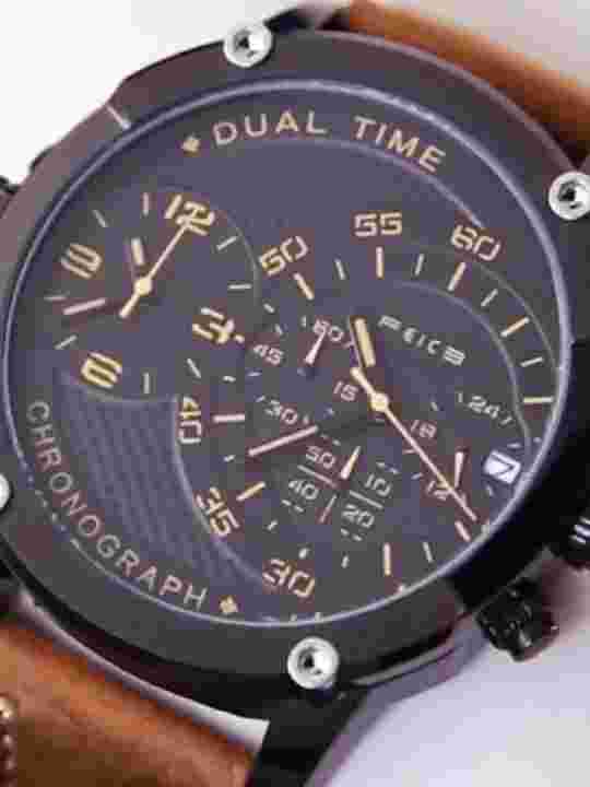 Men's Quartz Watches Leather Strap Chronograph Sports Waterproof Date Dual Time