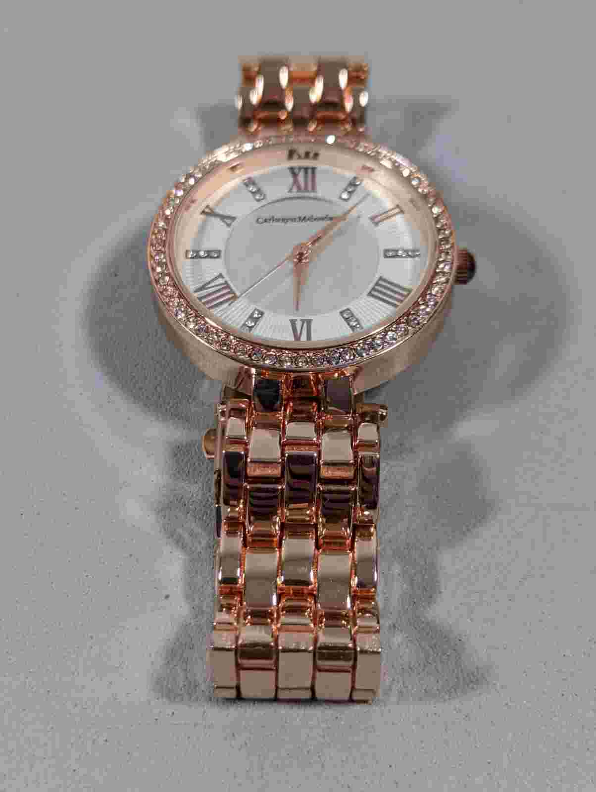 Catherine Maladrino Silver Tone Dial Crystal Accent Round Rose Gold Tone Watch