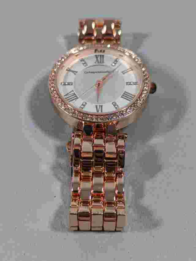 Catherine Maladrino Silver Tone Dial Crystal Accent Round Rose Gold Tone Watch