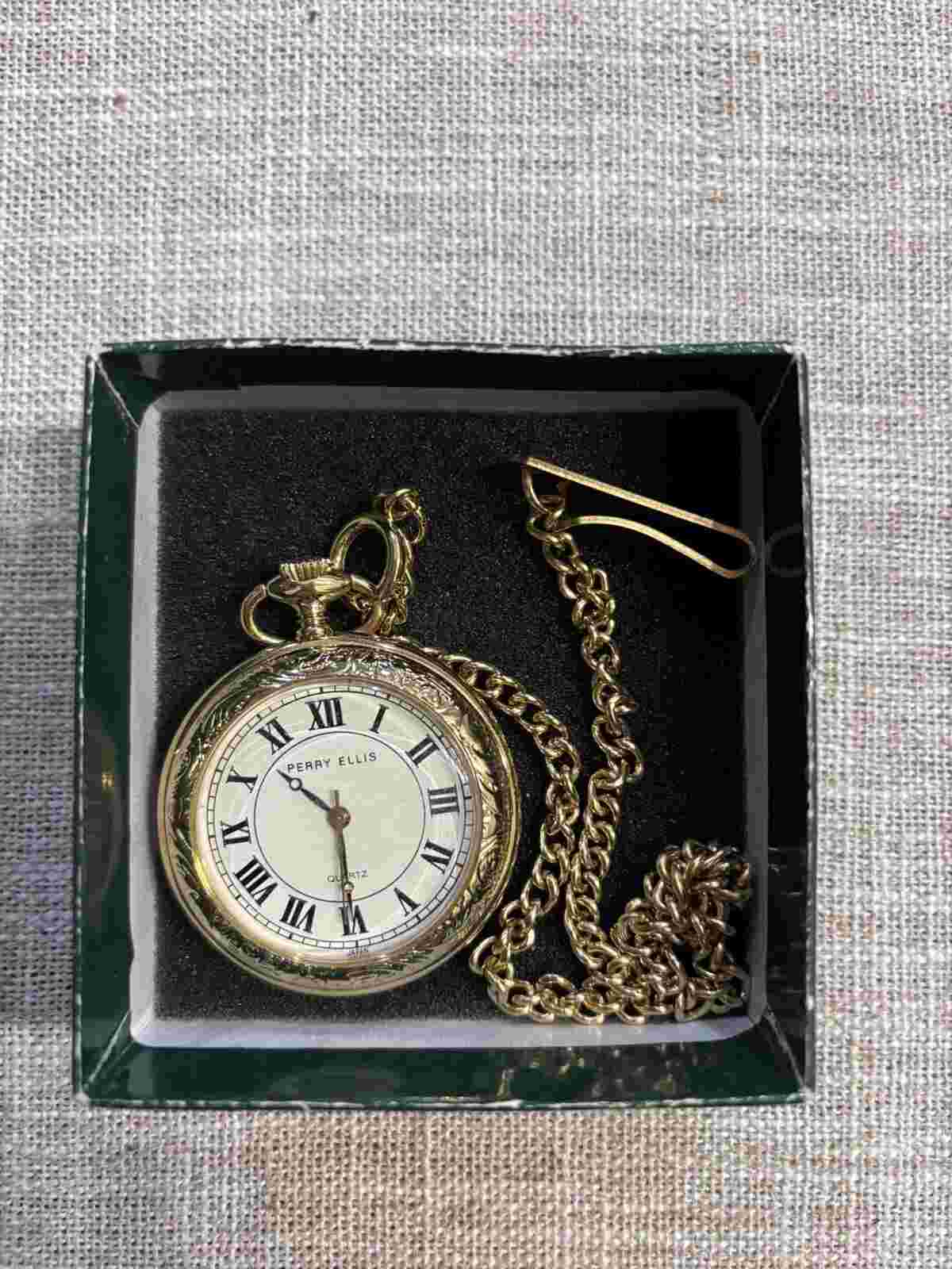 Perry Ellis Pocket Watch With Chain Untested (90)
