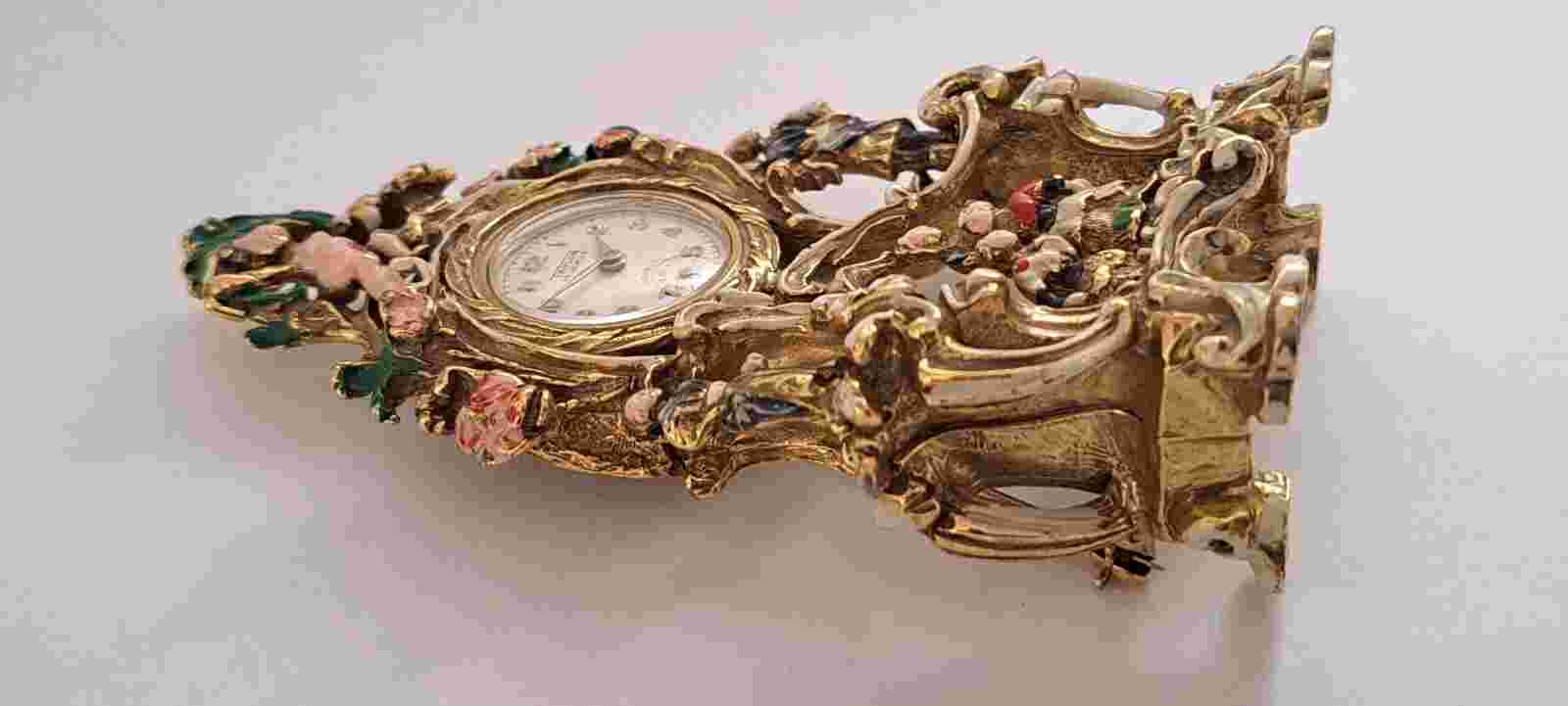 Vintage Taylor 17 Jewels Incabloc Watch Brooch Enamel Cherubs Flowers People