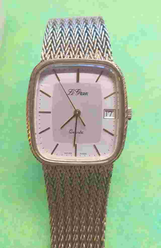 Le Gran Swiss Made Date@ 3 Watch.  Thick Gold Plated Herringbone Bracelet.